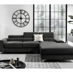 Canapé D'angle Convertible En Tissu Velours Luxe Noir, 5 Places, Angle Droit (vu De Face) - GRECE VELOURS