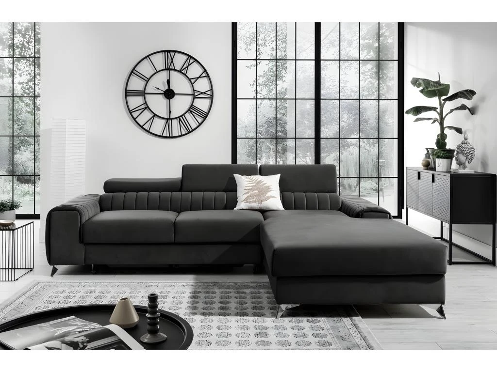 Canapé D'angle Convertible En Tissu Velours Luxe Noir, 5 Places, Angle Droit (vu De Face) - GRECE VELOURS 1 Canapé D'angle Convertible En Tissu Velours Luxe Noir, 5 Places, Angle Droit (vu De Face) - GRECE VELOURS