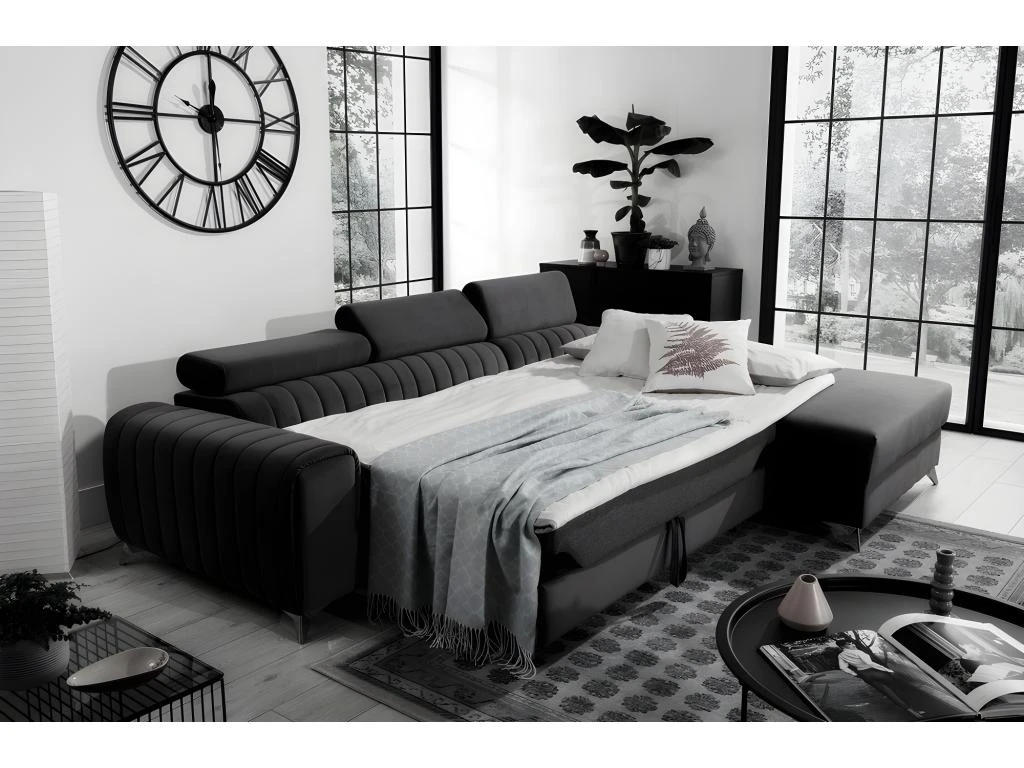 Canapé D'angle Convertible En Tissu Velours Luxe Noir, 5 Places, Angle Droit (vu De Face) - GRECE VELOURS 2 Canapé D'angle Convertible En Tissu Velours Luxe Noir, 5 Places, Angle Droit (vu De Face) - GRECE VELOURS – Image 2