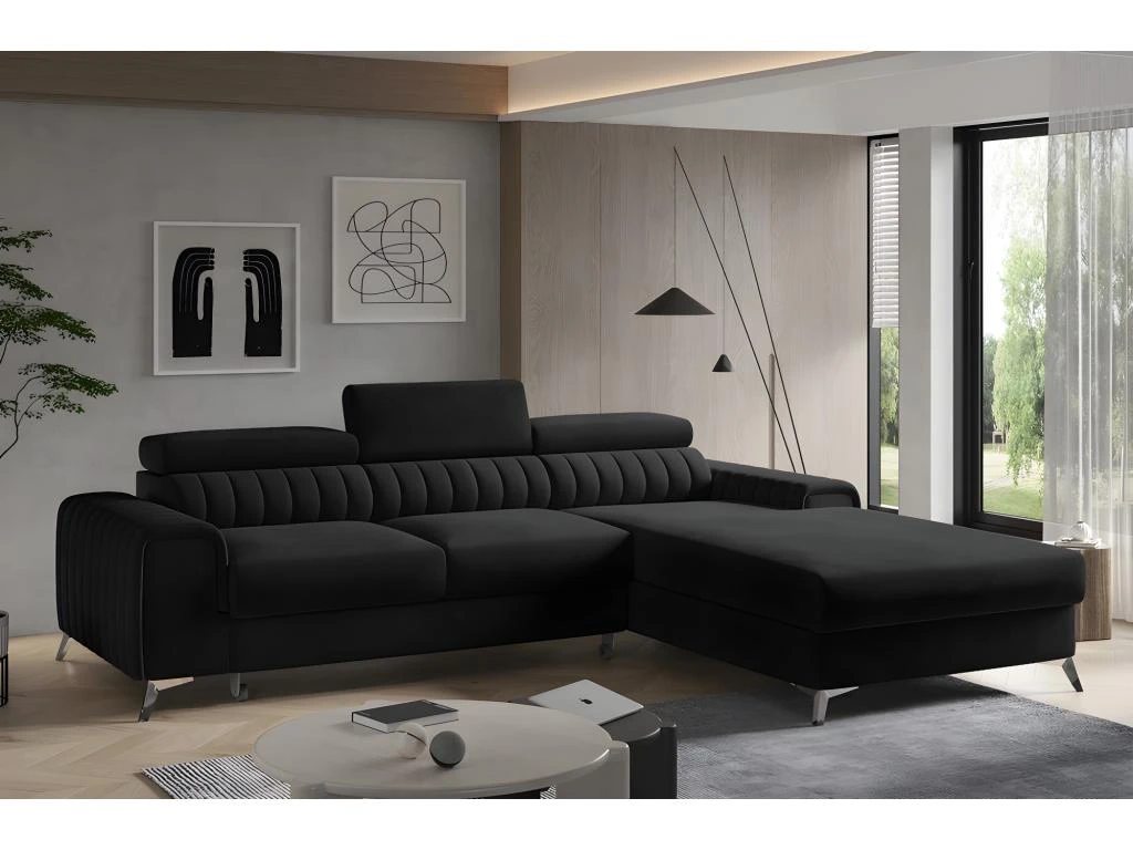 Canapé D'angle Convertible En Tissu Velours Luxe Noir, 5 Places, Angle Droit (vu De Face) - GRECE VELOURS 3 Canapé D'angle Convertible En Tissu Velours Luxe Noir, 5 Places, Angle Droit (vu De Face) - GRECE VELOURS – Image 3