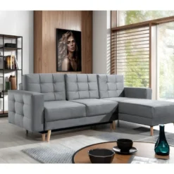 Canapé D'angle Convertible ASSIA VELOURS - En Tissu De Qualité 5 Places, Gris, Angle Droit (vu De Face)