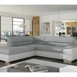 Canapé D'angle Convertible En Tissu Luxe Gris Et Simili Cuir Blanc Cassé, 5 Places, Avec Coffre, Angle Gauche (vu De Face), VERTU MIX