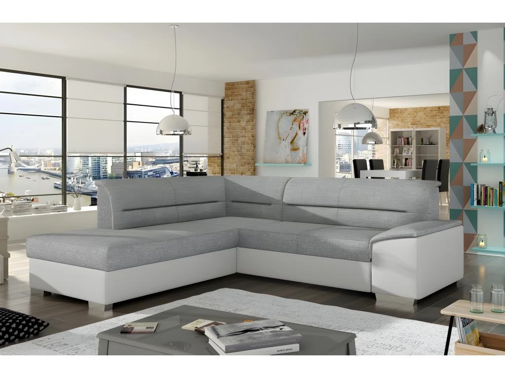 Canapé D'angle Convertible En Tissu Luxe Gris Et Simili Cuir Blanc Cassé, 5 Places, Avec Coffre, Angle Gauche (vu De Face), VERTU MIX 1 Canapé D'angle Convertible En Tissu Luxe Gris Et Simili Cuir Blanc Cassé, 5 Places, Avec Coffre, Angle Gauche (vu De Face), VERTU MIX