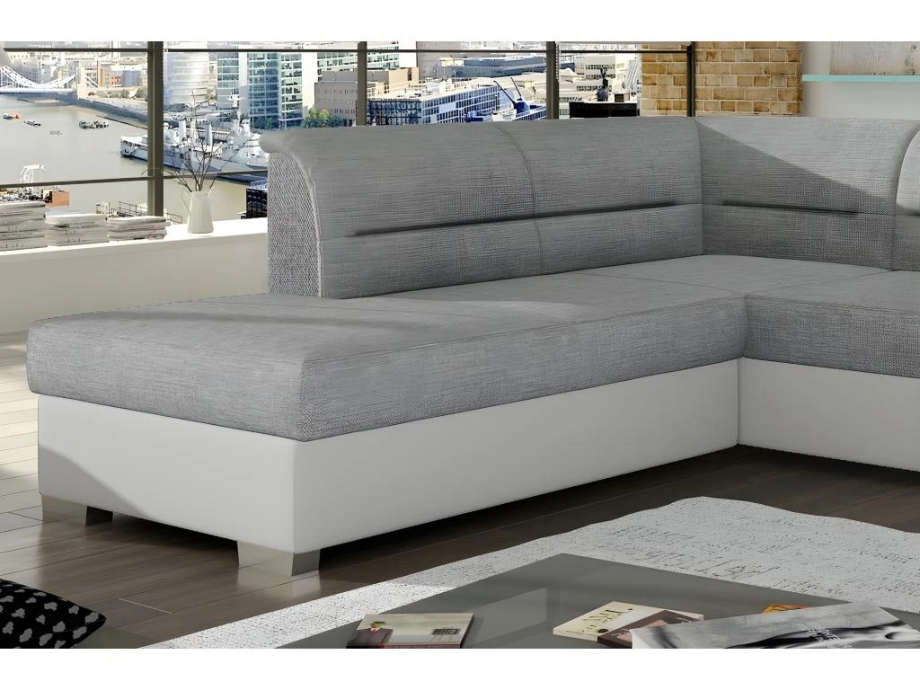 Canapé D'angle Convertible En Tissu Luxe Gris Et Simili Cuir Blanc Cassé, 5 Places, Avec Coffre, Angle Gauche (vu De Face), VERTU MIX 2 Canapé D'angle Convertible En Tissu Luxe Gris Et Simili Cuir Blanc Cassé, 5 Places, Avec Coffre, Angle Gauche (vu De Face), VERTU MIX – Image 2