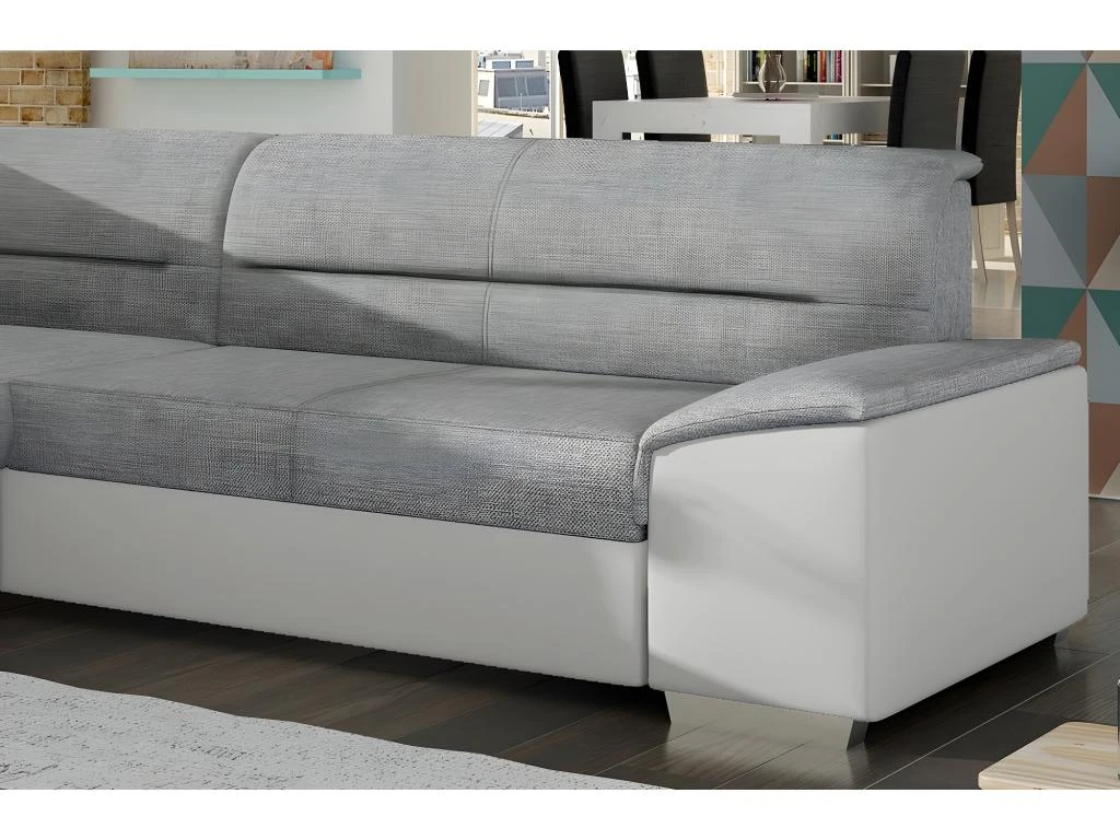 Canapé D'angle Convertible En Tissu Luxe Gris Et Simili Cuir Blanc Cassé, 5 Places, Avec Coffre, Angle Gauche (vu De Face), VERTU MIX 3 Canapé D'angle Convertible En Tissu Luxe Gris Et Simili Cuir Blanc Cassé, 5 Places, Avec Coffre, Angle Gauche (vu De Face), VERTU MIX – Image 3