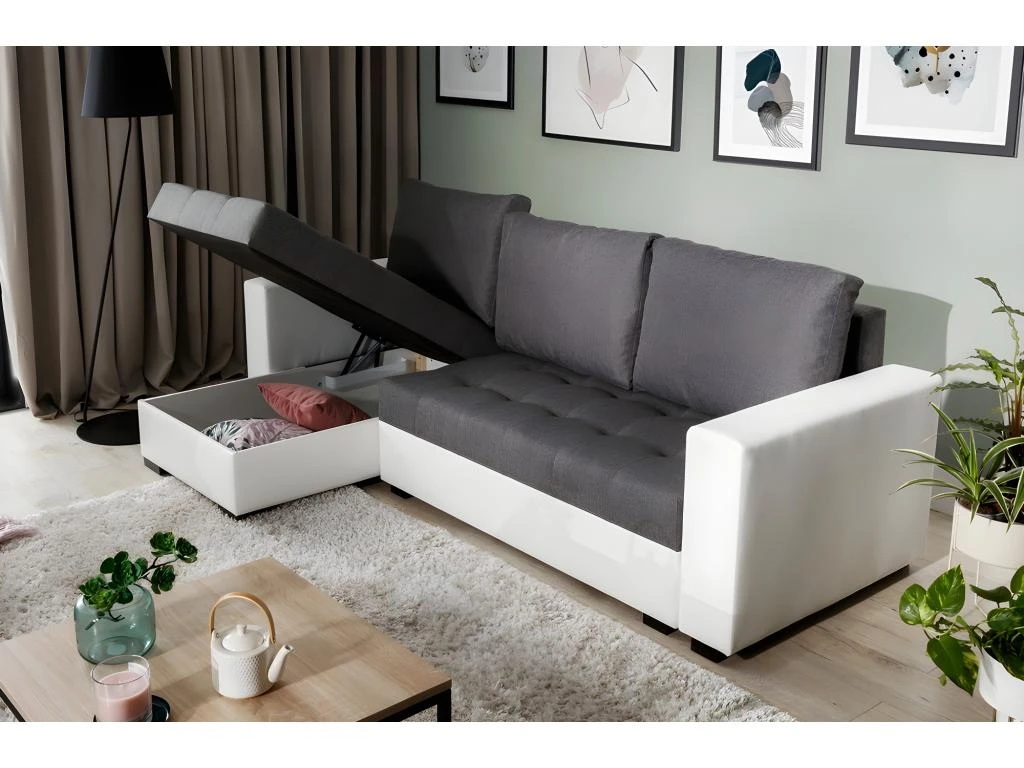 - Canapé D'angle Convertible En Tissu Luxe Gris Foncé Et Simili Cuir Blanc, 5 Places, Avec Coffre, Angle Gauche (vu De Face), NESTOR 2 - Canapé D'angle Convertible En Tissu Luxe Gris Foncé Et Simili Cuir Blanc, 5 Places, Avec Coffre, Angle Gauche (vu De Face), NESTOR – Image 2
