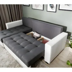 - Canapé D'angle Convertible En Tissu Luxe Gris Foncé Et Simili Cuir Blanc, 5 Places, Avec Coffre, Angle Gauche (vu De Face), NESTOR 8 - Canapé D'angle Convertible En Tissu Luxe Gris Foncé Et Simili Cuir Blanc, 5 Places, Avec Coffre, Angle Gauche (vu De Face), NESTOR -Promos Chesteris Boutique canape 9993837