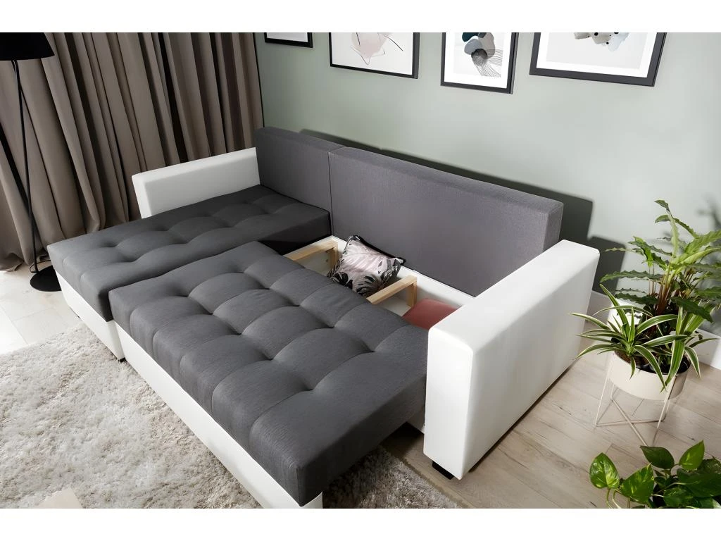 - Canapé D'angle Convertible En Tissu Luxe Gris Foncé Et Simili Cuir Blanc, 5 Places, Avec Coffre, Angle Gauche (vu De Face), NESTOR 4 - Canapé D'angle Convertible En Tissu Luxe Gris Foncé Et Simili Cuir Blanc, 5 Places, Avec Coffre, Angle Gauche (vu De Face), NESTOR – Image 4