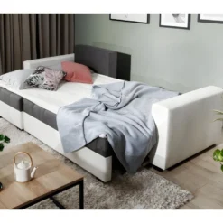 - Canapé D'angle Convertible En Tissu Luxe Gris Foncé Et Simili Cuir Blanc, 5 Places, Avec Coffre, Angle Gauche (vu De Face), NESTOR 9 - Canapé D'angle Convertible En Tissu Luxe Gris Foncé Et Simili Cuir Blanc, 5 Places, Avec Coffre, Angle Gauche (vu De Face), NESTOR -Promos Chesteris Boutique canape 9993839