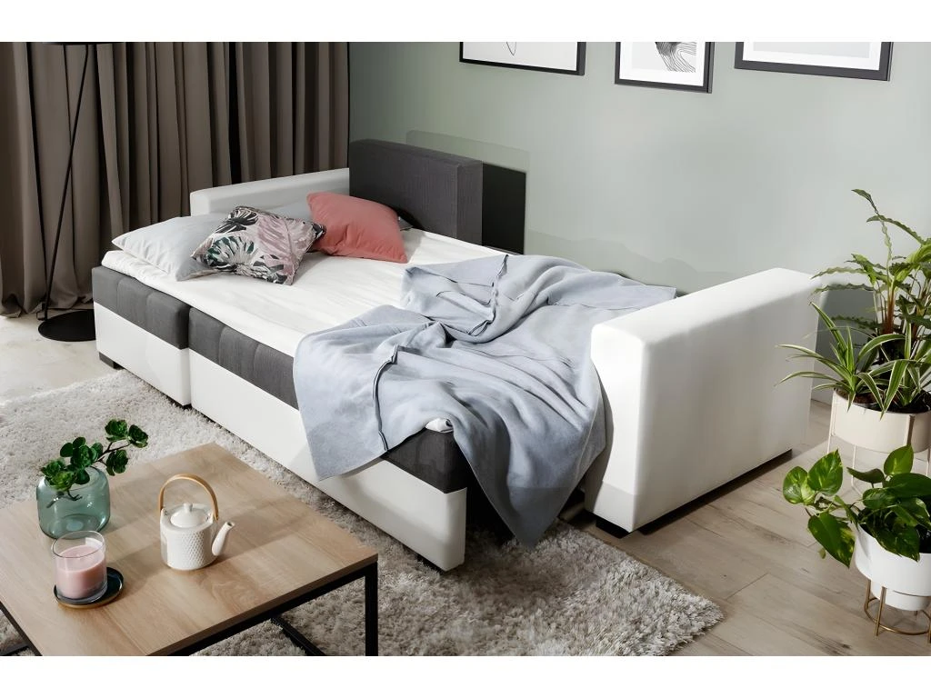 - Canapé D'angle Convertible En Tissu Luxe Gris Foncé Et Simili Cuir Blanc, 5 Places, Avec Coffre, Angle Gauche (vu De Face), NESTOR 5 - Canapé D'angle Convertible En Tissu Luxe Gris Foncé Et Simili Cuir Blanc, 5 Places, Avec Coffre, Angle Gauche (vu De Face), NESTOR – Image 5