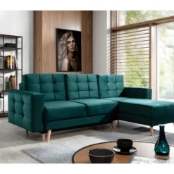 Canapé D'angle Convertible ASSIA VELOURS - En Tissu De Qualité 5 Places, Vert, Angle Droit (vu De Face)