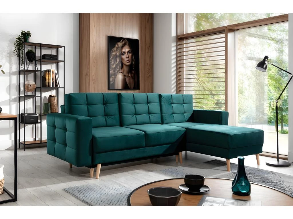 Canapé D'angle Convertible ASSIA VELOURS - En Tissu De Qualité 5 Places, Vert, Angle Droit (vu De Face) 1 Canapé D'angle Convertible ASSIA VELOURS - En Tissu De Qualité 5 Places, Vert, Angle Droit (vu De Face)