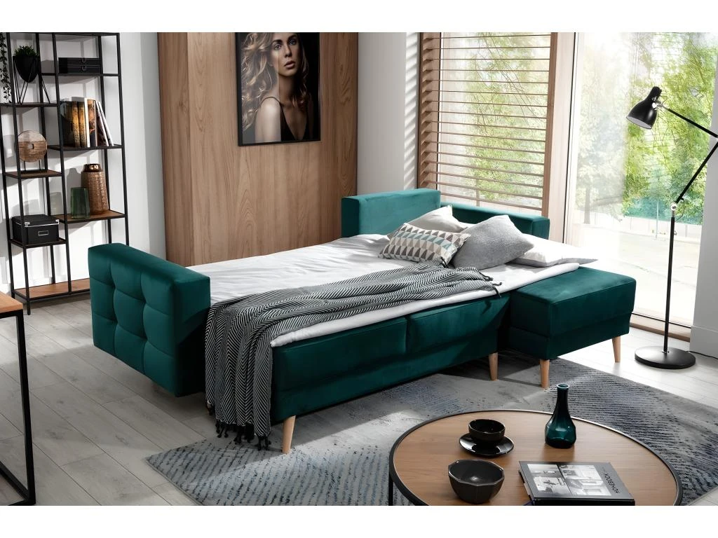 Canapé D'angle Convertible ASSIA VELOURS - En Tissu De Qualité 5 Places, Vert, Angle Droit (vu De Face) 2 Canapé D'angle Convertible ASSIA VELOURS - En Tissu De Qualité 5 Places, Vert, Angle Droit (vu De Face) – Image 2