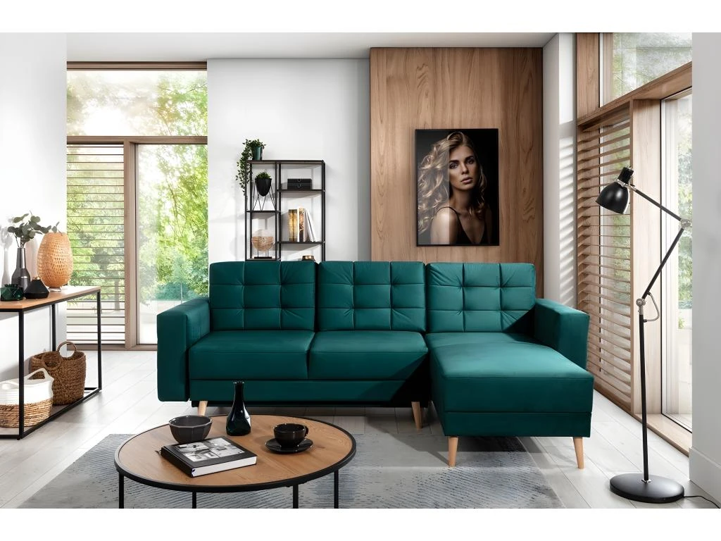 Canapé D'angle Convertible ASSIA VELOURS - En Tissu De Qualité 5 Places, Vert, Angle Droit (vu De Face) 3 Canapé D'angle Convertible ASSIA VELOURS - En Tissu De Qualité 5 Places, Vert, Angle Droit (vu De Face) – Image 3