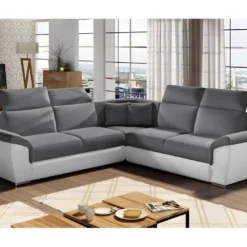 Canapé D'angle - Convertible - FELIPE - En Tissu Gris Et Simili Cuir Blanc, 5/6 Places