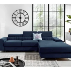 Canapé D'angle Convertible En Tissu Velours Luxe Bleu, 5 Places, Angle Droit (vu De Face) - GRECE VELOURS