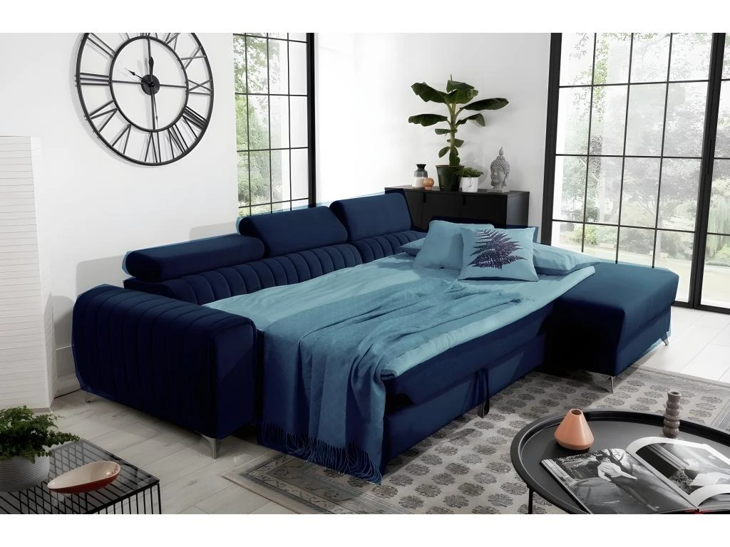 Canapé D'angle Convertible En Tissu Velours Luxe Bleu, 5 Places, Angle Droit (vu De Face) - GRECE VELOURS 2 Canapé D'angle Convertible En Tissu Velours Luxe Bleu, 5 Places, Angle Droit (vu De Face) - GRECE VELOURS – Image 2