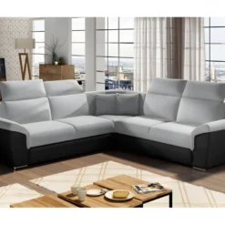 Canapé D'angle - Convertible - FELIPE - En Tissu Gris Clair Et Simili Cuir Noir, 5/6 Places