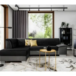 Canapé D'angle Convertible En Tissu Luxe 5 Places, Avec Coffre, Noir Et Gris Clair, Angle Gauche (vu De Face), VERTU VELOURS
