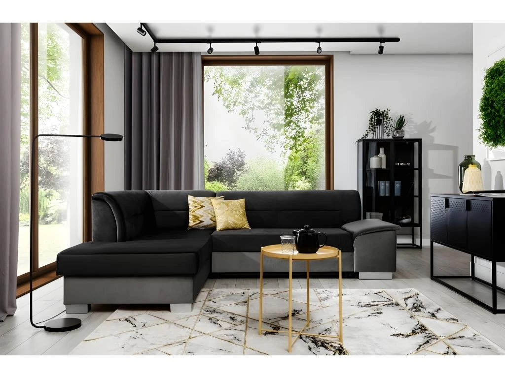 Canapé D'angle Convertible En Tissu Luxe 5 Places, Avec Coffre, Noir Et Gris Clair, Angle Gauche (vu De Face), VERTU VELOURS 1 Canapé D'angle Convertible En Tissu Luxe 5 Places, Avec Coffre, Noir Et Gris Clair, Angle Gauche (vu De Face), VERTU VELOURS