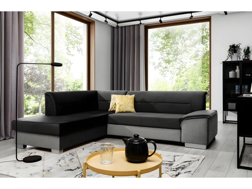 Canapé D'angle Convertible En Tissu Luxe 5 Places, Avec Coffre, Noir Et Gris Clair, Angle Gauche (vu De Face), VERTU VELOURS 2 Canapé D'angle Convertible En Tissu Luxe 5 Places, Avec Coffre, Noir Et Gris Clair, Angle Gauche (vu De Face), VERTU VELOURS – Image 2