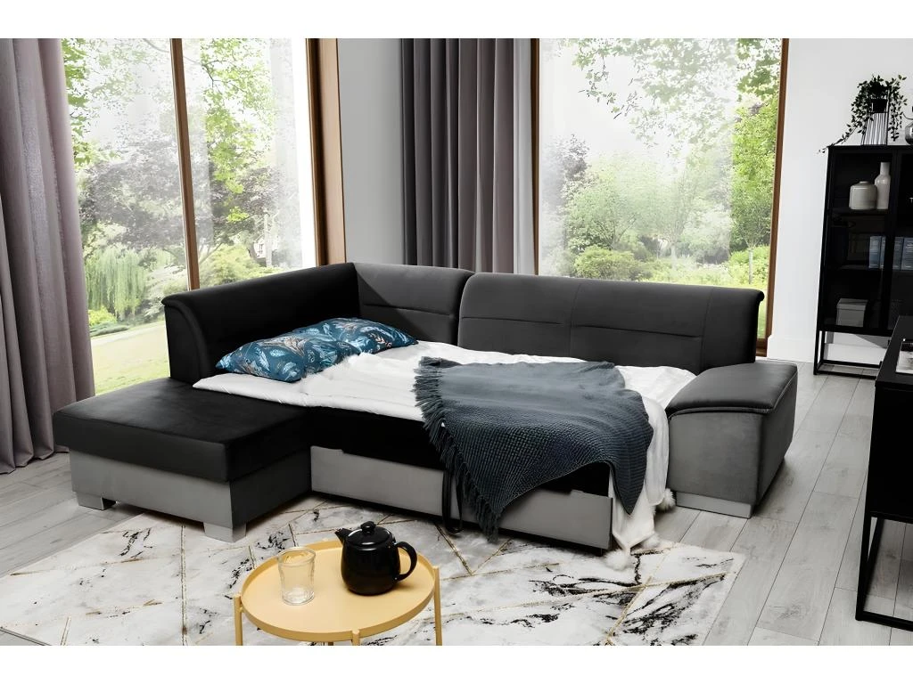 Canapé D'angle Convertible En Tissu Luxe 5 Places, Avec Coffre, Noir Et Gris Clair, Angle Gauche (vu De Face), VERTU VELOURS 3 Canapé D'angle Convertible En Tissu Luxe 5 Places, Avec Coffre, Noir Et Gris Clair, Angle Gauche (vu De Face), VERTU VELOURS – Image 3