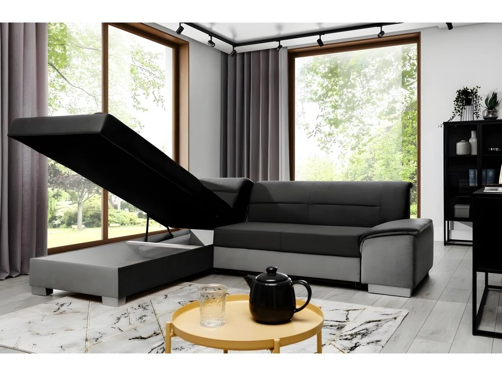 Canapé D'angle Convertible En Tissu Luxe 5 Places, Avec Coffre, Noir Et Gris Clair, Angle Gauche (vu De Face), VERTU VELOURS 4 Canapé D'angle Convertible En Tissu Luxe 5 Places, Avec Coffre, Noir Et Gris Clair, Angle Gauche (vu De Face), VERTU VELOURS – Image 4