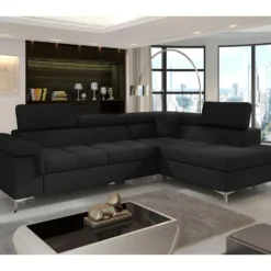 Canapé D'angle Convertible - ERNEST - En Tissu Luxe 5 Places, Noir, Angle Droit (vu De Face)