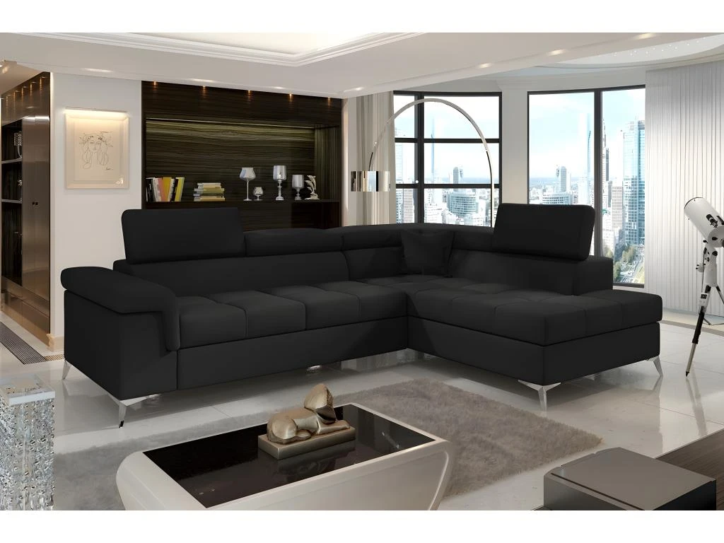 Canapé D'angle Convertible - ERNEST - En Tissu Luxe 5 Places, Noir, Angle Droit (vu De Face) 1 Canapé D'angle Convertible - ERNEST - En Tissu Luxe 5 Places, Noir, Angle Droit (vu De Face)