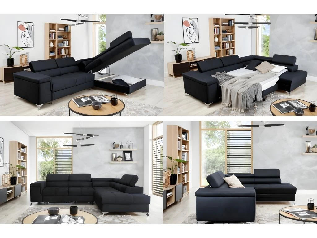 Canapé D'angle Convertible - ERNEST - En Tissu Luxe 5 Places, Noir, Angle Droit (vu De Face) 2 Canapé D'angle Convertible - ERNEST - En Tissu Luxe 5 Places, Noir, Angle Droit (vu De Face) – Image 2