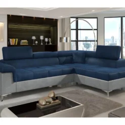 Canapé D'angle Convertible - ERIKA - En Tissu Luxe 5 Places, Bleu Et Gris, Angle Droit (vu De Face)