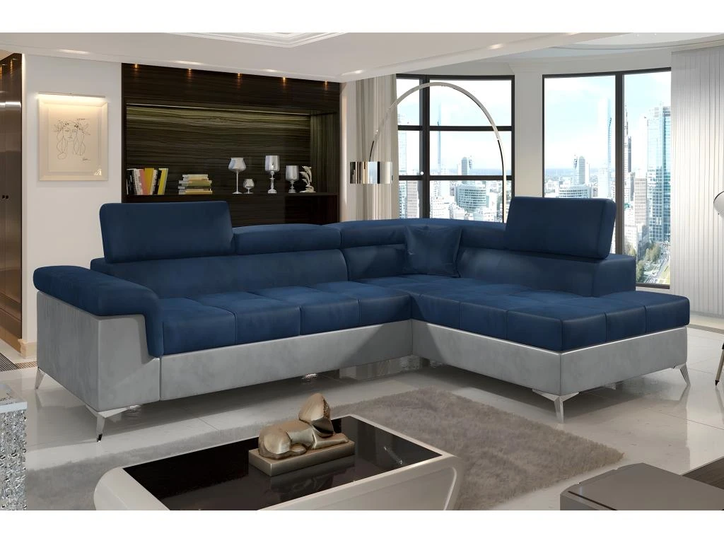 Canapé D'angle Convertible - ERIKA - En Tissu Luxe 5 Places, Bleu Et Gris, Angle Droit (vu De Face) 1 Canapé D'angle Convertible - ERIKA - En Tissu Luxe 5 Places, Bleu Et Gris, Angle Droit (vu De Face)