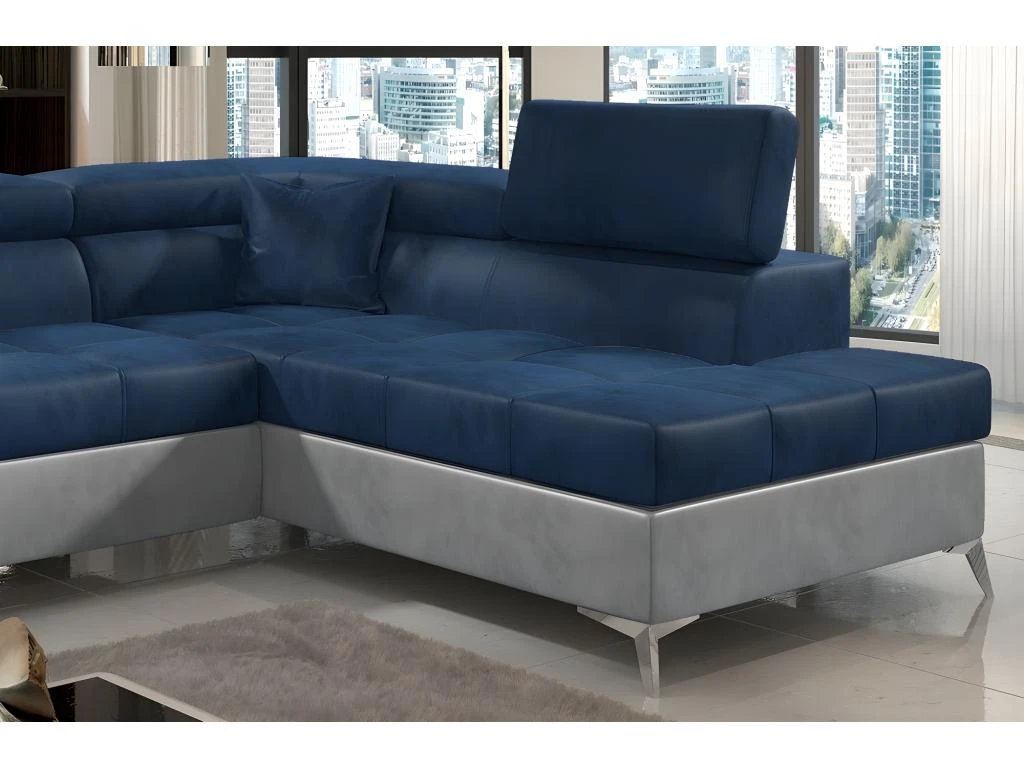 Canapé D'angle Convertible - ERIKA - En Tissu Luxe 5 Places, Bleu Et Gris, Angle Droit (vu De Face) 2 Canapé D'angle Convertible - ERIKA - En Tissu Luxe 5 Places, Bleu Et Gris, Angle Droit (vu De Face) – Image 2