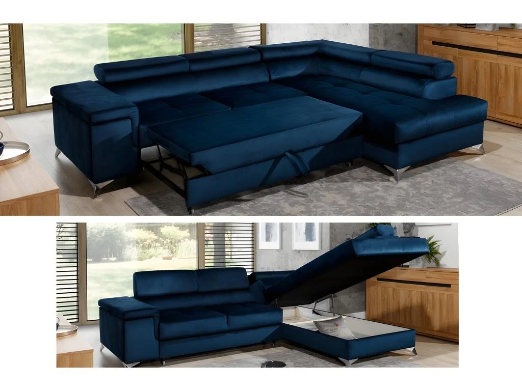 Canapé D'angle Convertible - ERIKA - En Tissu Luxe 5 Places, Bleu Et Gris, Angle Droit (vu De Face) 3 Canapé D'angle Convertible - ERIKA - En Tissu Luxe 5 Places, Bleu Et Gris, Angle Droit (vu De Face) – Image 3