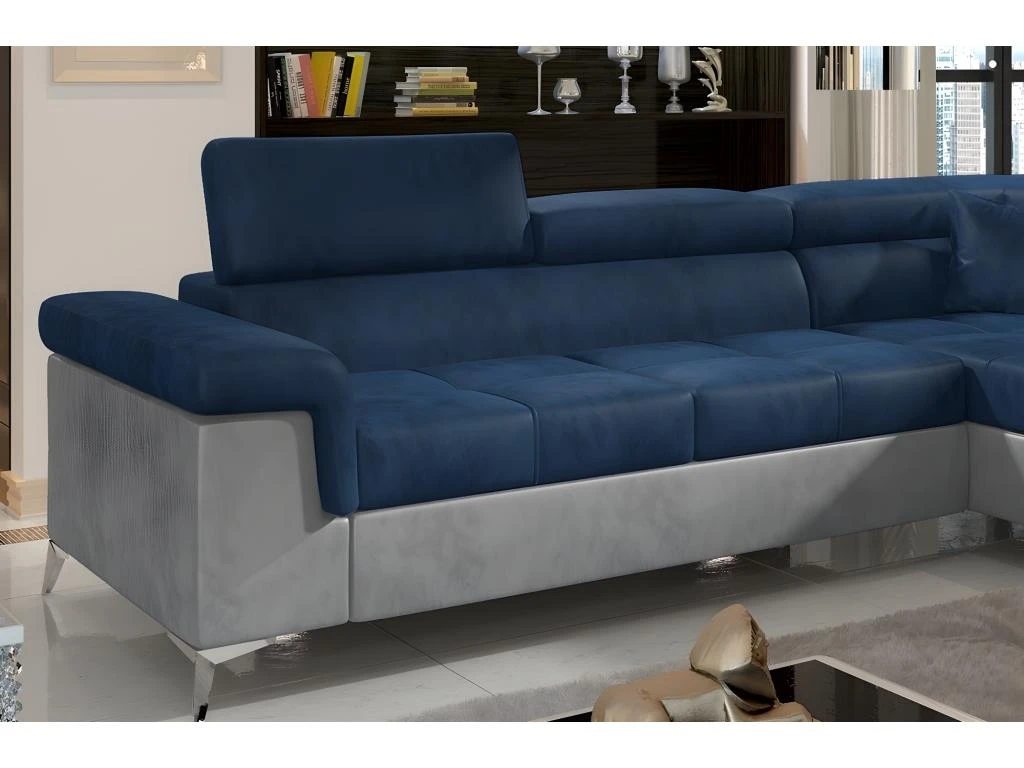Canapé D'angle Convertible - ERIKA - En Tissu Luxe 5 Places, Bleu Et Gris, Angle Droit (vu De Face) 5 Canapé D'angle Convertible - ERIKA - En Tissu Luxe 5 Places, Bleu Et Gris, Angle Droit (vu De Face) – Image 5