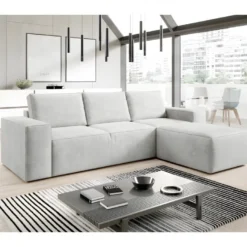 Canapé D'angle Convertible - SIDNEY VELOURS - En Tissu Luxe - 5/6 Places, Blanc Cassé, Angle Droit (vu De Face)