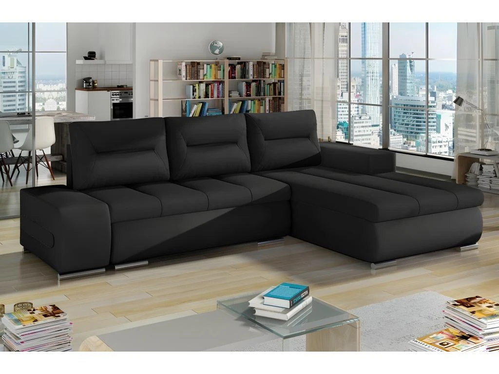 Canapé D'angle Convertible En Tissu Luxe Noir Et Simili Cuir Noir, 5 Places, Angle Droit (vu De Face) - OTELLO 1 Canapé D'angle Convertible En Tissu Luxe Noir Et Simili Cuir Noir, 5 Places, Angle Droit (vu De Face) - OTELLO