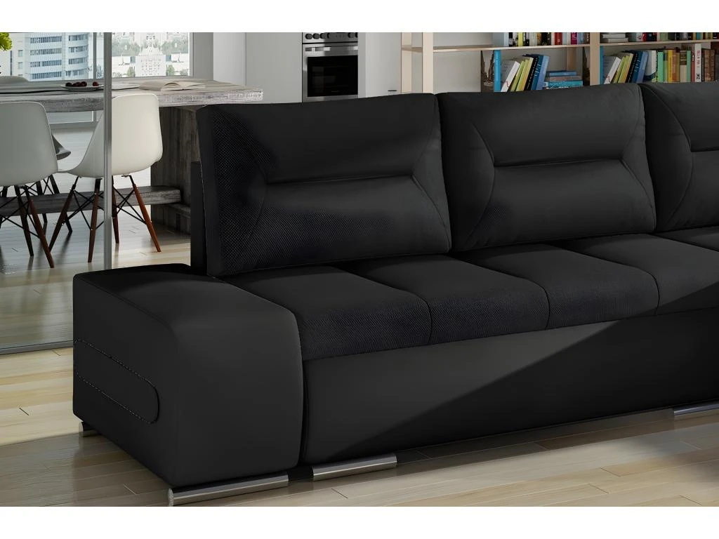 Canapé D'angle Convertible En Tissu Luxe Noir Et Simili Cuir Noir, 5 Places, Angle Droit (vu De Face) - OTELLO 2 Canapé D'angle Convertible En Tissu Luxe Noir Et Simili Cuir Noir, 5 Places, Angle Droit (vu De Face) - OTELLO – Image 2