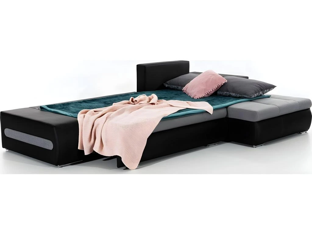 Canapé D'angle Convertible En Tissu Luxe Noir Et Simili Cuir Noir, 5 Places, Angle Droit (vu De Face) - OTELLO 4 Canapé D'angle Convertible En Tissu Luxe Noir Et Simili Cuir Noir, 5 Places, Angle Droit (vu De Face) - OTELLO – Image 4