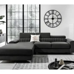 Canapé D'angle Convertible En Tissu Velours Luxe Noir, 5 Places, Angle Gauche (vu De Face) - GRECE VELOURS