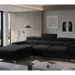 Canapé D'angle Convertible En Tissu Velours Luxe Noir, 5 Places, Angle Gauche (vu De Face) - GRECE VELOURS -Promos Chesteris Boutique canape 9994911