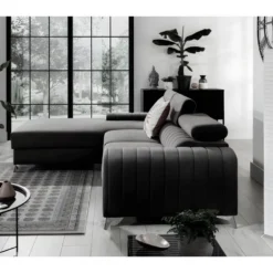 Canapé D'angle Convertible En Tissu Velours Luxe Noir, 5 Places, Angle Gauche (vu De Face) - GRECE VELOURS -Promos Chesteris Boutique canape 9994913