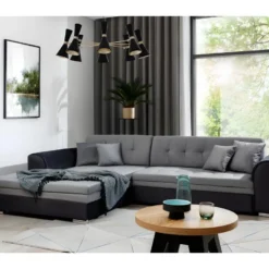 Canapé D'angle Convertible En Tissu Velours Gris Et Noir Luxe, 5 Places, Angle Gauche (vu De Face), SOHO VELOURS