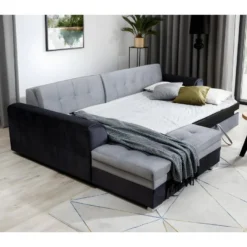 Canapé D'angle Convertible En Tissu Velours Gris Et Noir Luxe, 5 Places, Angle Gauche (vu De Face), SOHO VELOURS -Promos Chesteris Boutique canape 9995001