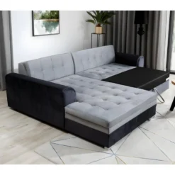 Canapé D'angle Convertible En Tissu Velours Gris Et Noir Luxe, 5 Places, Angle Gauche (vu De Face), SOHO VELOURS -Promos Chesteris Boutique canape 9995003