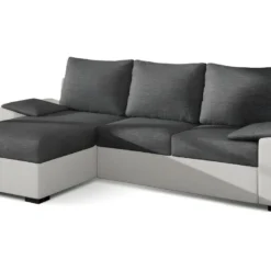 Canapé D'angle Convertible - En Tissu Gris Et Simili Blanc, Angle Gauche (vu De Face) - LUCAS