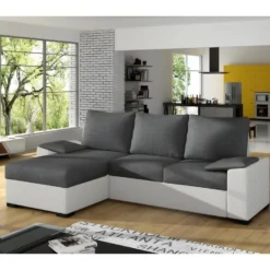 Canapé D'angle Convertible - En Tissu Gris Et Simili Blanc, Angle Gauche (vu De Face) - LUCAS -Promos Chesteris Boutique canape 9995031