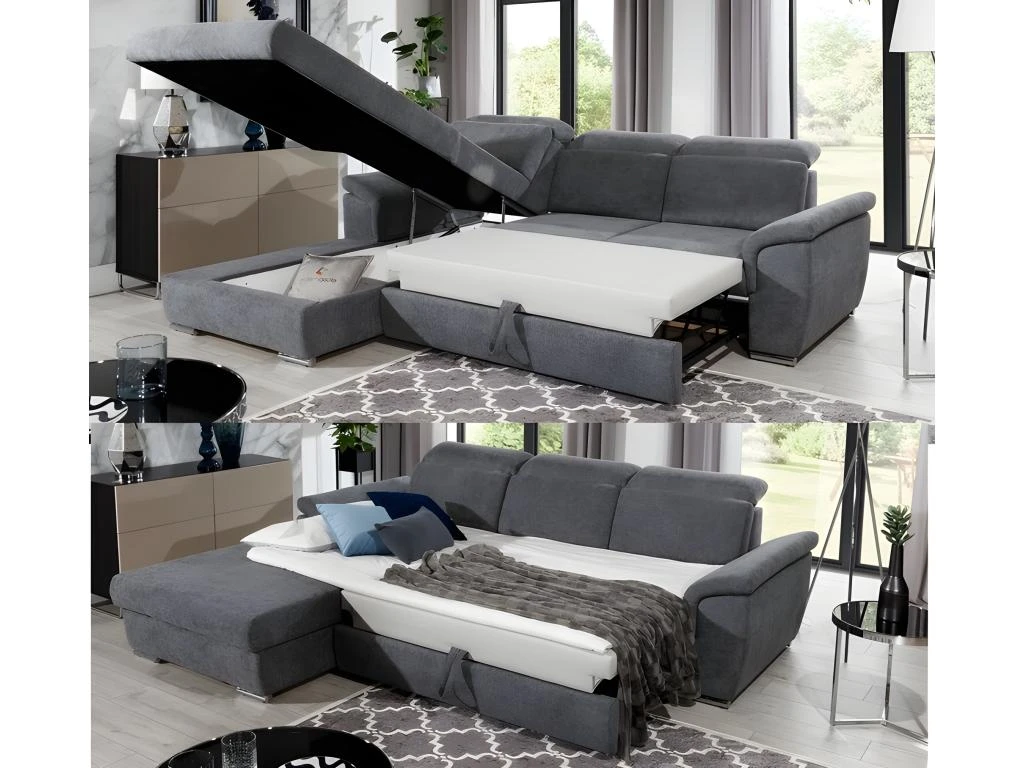 Canapé D'angle Convertible En Tissu Velours Prestige, Bleu, 5 Places, Angle Gauche (vu De Face) - TRESOR 3 Canapé D'angle Convertible En Tissu Velours Prestige, Bleu, 5 Places, Angle Gauche (vu De Face) - TRESOR – Image 3