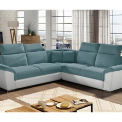 Canapé D'angle - Convertible - FELIPE - En Tissu Bleu Et Simili Cuir Blanc, 5/6 Places