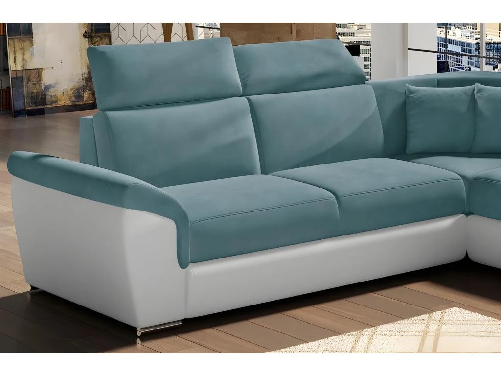 Canapé D'angle - Convertible - FELIPE - En Tissu Bleu Et Simili Cuir Blanc, 5/6 Places 2 Canapé D'angle - Convertible - FELIPE - En Tissu Bleu Et Simili Cuir Blanc, 5/6 Places – Image 2